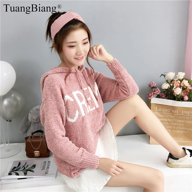 

Hooded Women Cashmere Coarse wool Pullovers Full sleeve Winter basic Thick Sweater Ladies Letter Loose female Autumn jumper 2019