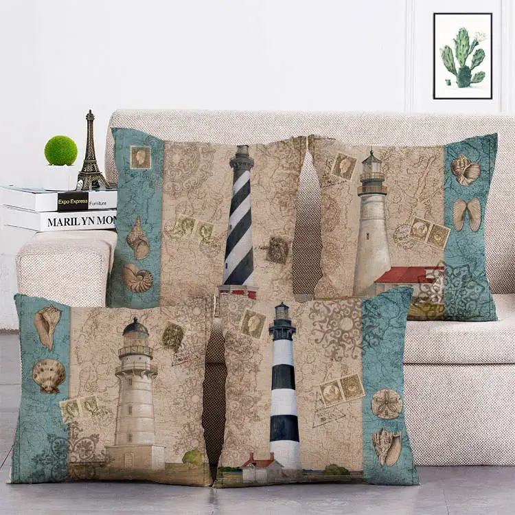 45cm*45cm Lighthouse and Letter Design linen/cotton throw pillow covers couch cushion cover home decor T98 | Дом и сад