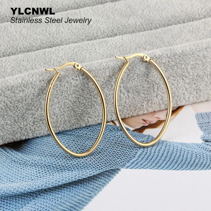 Fashion Stainless Steel Women's Earrings 2021 Gold Color Oval Hoop
