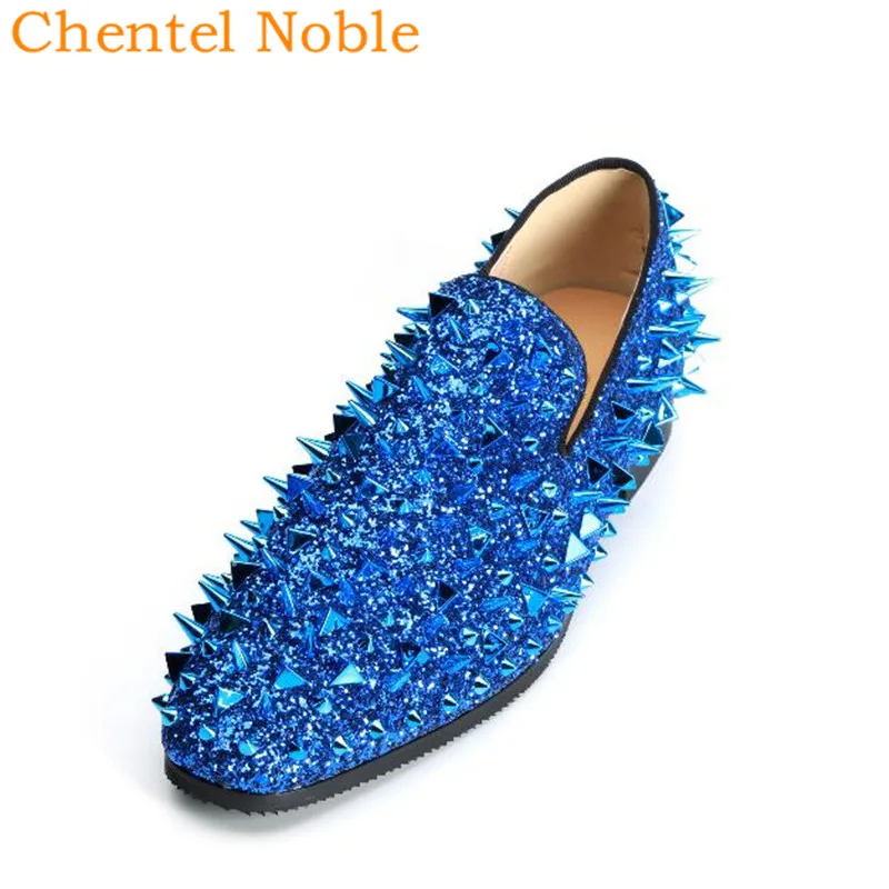 Роскошный бренд Chentel Кожа Bling Синий Зеленый шипованные мужские повседневные туфли обувь для вечеринок мужские высококачественные туфли на плоской подошве Tenis Masculino