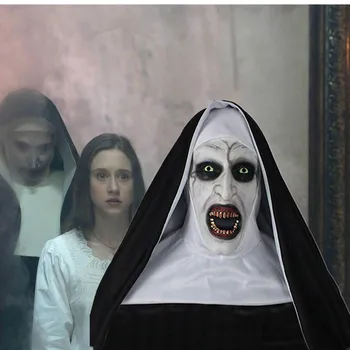 

The Nun Horror Cosplay Valak Scary Latex Mask LED Masks With Headscarf Full Face Helmet Halloween Party Costume Props