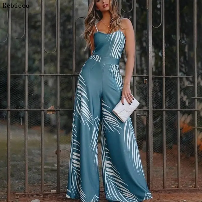 

2019 Summer Elegant Women Vacation Holiday Stylish Outfit Female Sleeveless Tropical Leaf Print Wide Leg Casual Jumpsuit