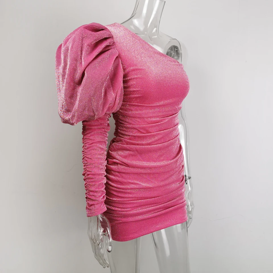 Big Discount OBI4Q Karlofea Female New Elegant Spring Outfits Dress Chic Sparkly Ruched Mini Dress Lovely One Shoulder Puff Sleeve Club Party Dress