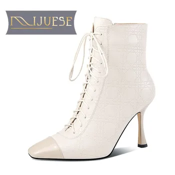 

MLJUESE 2021 women Ankle boots Cow leather Winter short plush Square Toe Zipper High heels female boots size 39
