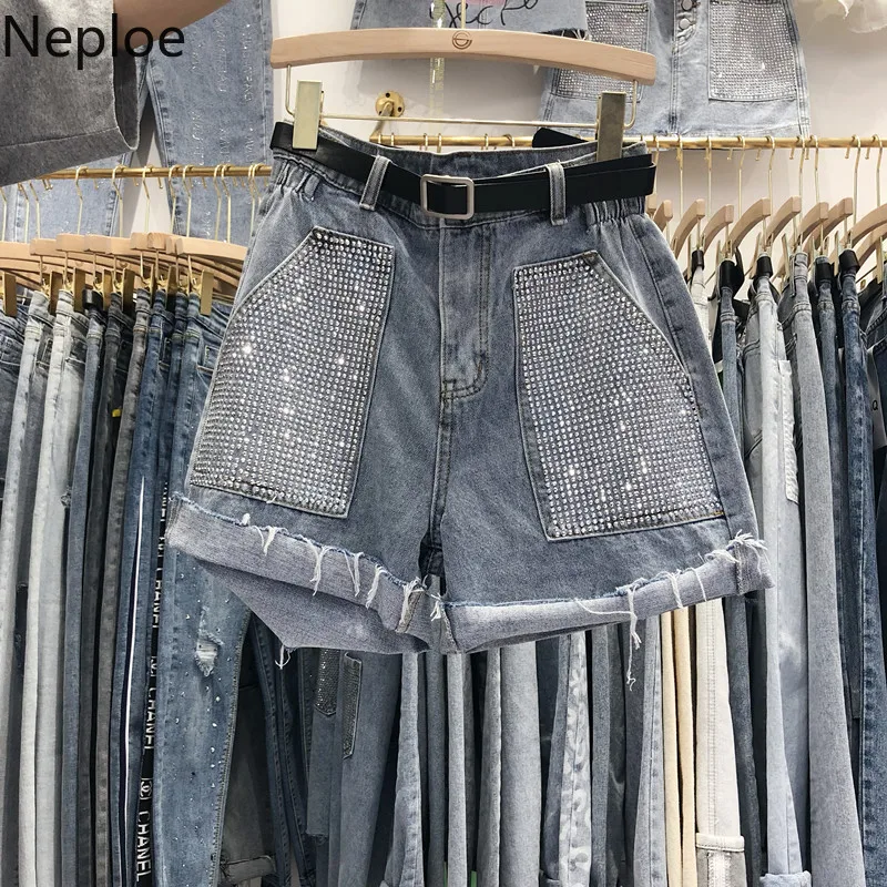 Neploe тяжелые Стразы Высокая Талия Джинсы Новое поступление карманами и поясом
