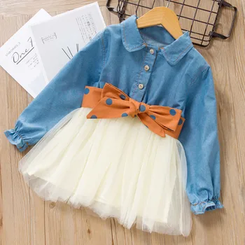 

Casual Girls Dress New Autumn Girls Party Dresses Casual Jean Yarn Princess Dress Polka Dot Bow Sashes Kids Children Clothing