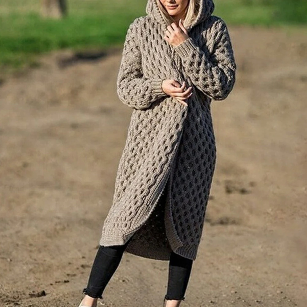 Горячая Мода женщин утолщаются вязаный свитер Кардиган Зимний теплый длинный с капюшоном пальто
