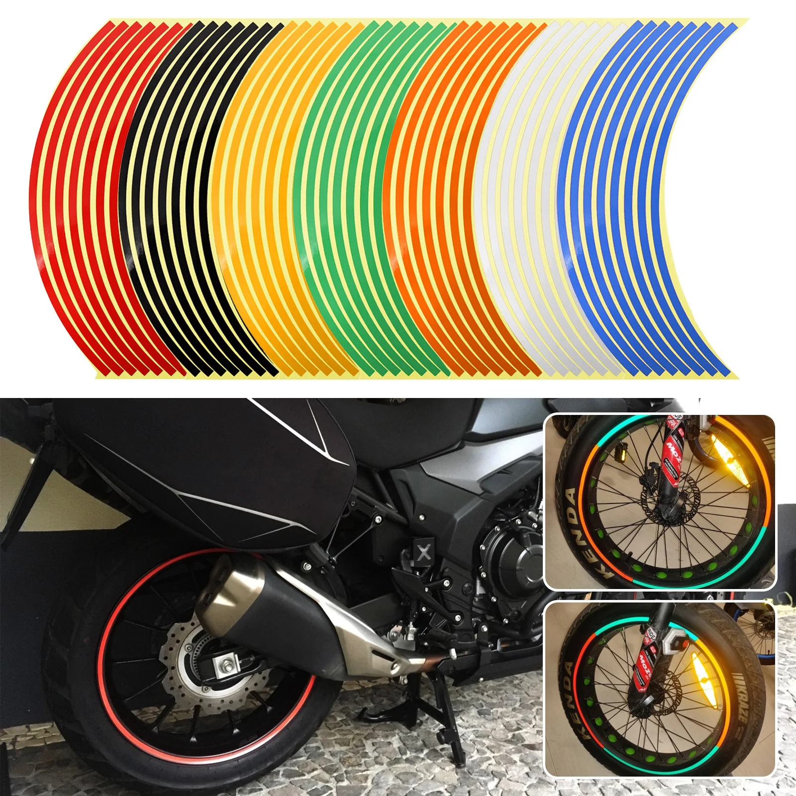 Universal Motorcycle Wheel Stickers Reflective Rim Strips Tape Bike Stickers 16Pcs Car Tire Motorbike Auto Decals Bicycle Decal universal cup car steering wheel button control switch auto radio remote button for android gps dvd multimedia navigation