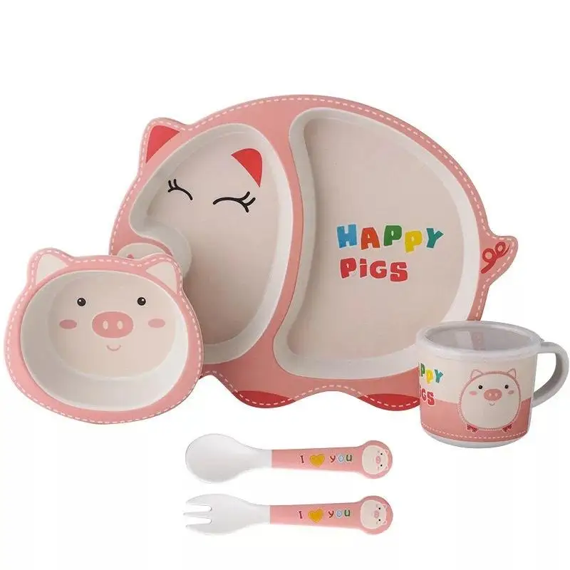

Bamboo Fiber Five Piece Cutlery Set for Children Cartoon Pink Dinner Plates Bowel Cup Spoon Fork Tableware Sets Plate Sets
