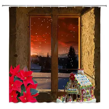 

Christmas Decor Home Shower Curtain Winter Outside Window Scenic Red Flower Christmas House New Year Festive Celebration,