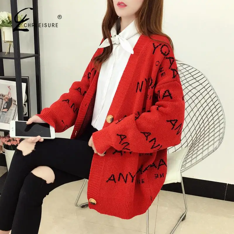

CHRLEISURE Casual Letter Knit Cardigan Sweater For Women Autumn And Winter Thicken Sweater Cardigan Fashion Ladies' Clothes