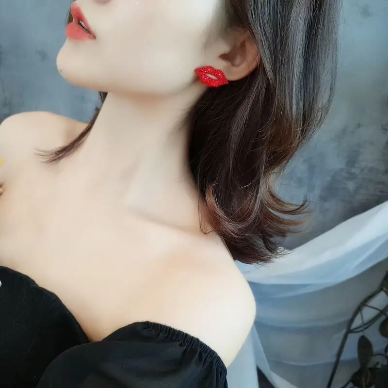 1Pair Red Lips Crystal Stud Earrings For Women Girls Fashion Jewelry stud earrings crystal earrings