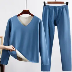 Fleece Heated Natural Thermal Underwear Men Set Winter Warm Pants Slim Tights Thermo Suit Long Johns Heating V Neck 4XL Blue