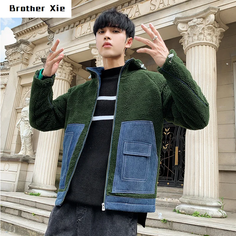 

Plus Velvet Thick Lamb Wool Jacket Men's Slim Warm Fashion Contrast Color Lapel Coat Man Streetwear Wild Cotton Jacket Mens