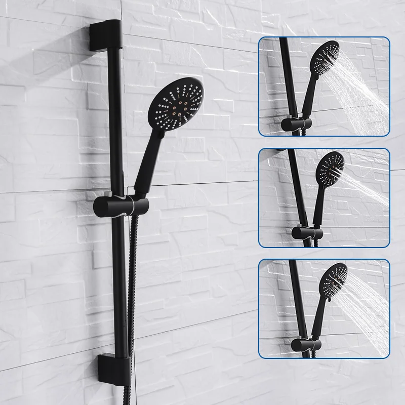 Wall Mounted Black Coating Shower Set with Hand Shower Stainless Steel Hose Adjustable Sliding Bar afbeelding
