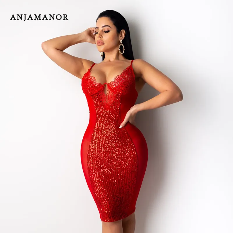 ANJAMANOR сексуальное Клубное платье из прозрачной сетки с блестками облегающее мини