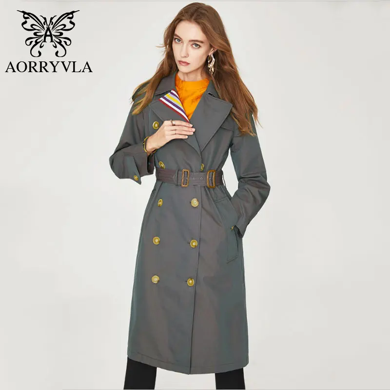 Женский Тренч с поясом AORYVLA длинное повседневное пальто цвета хаки длинным