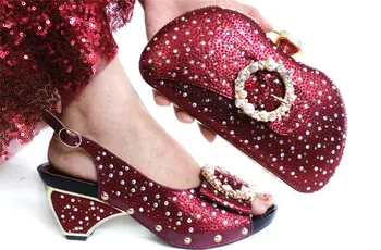 

Hot sale wine women pumps with crystal flower style african dress shoes match handbag set GL1912-7,heel 7.5CM