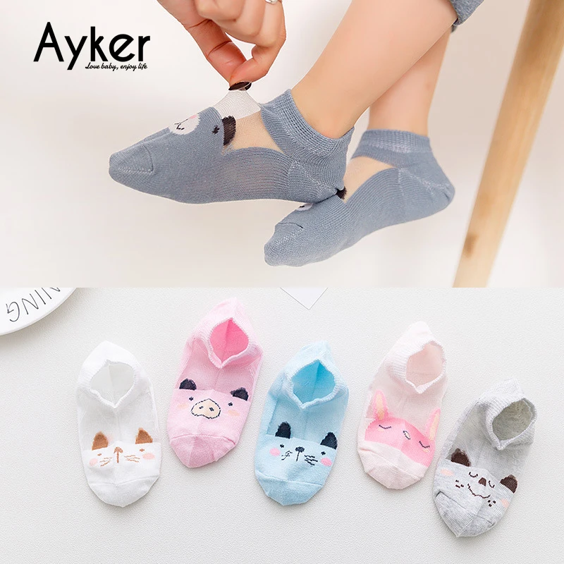 

5 Pairs Kids Socks Animal Print Boy Baby Girl Socks Summer Rainbow Mesh Thin Cotton Baby Girl Boy Short Children Socks 3T-12T
