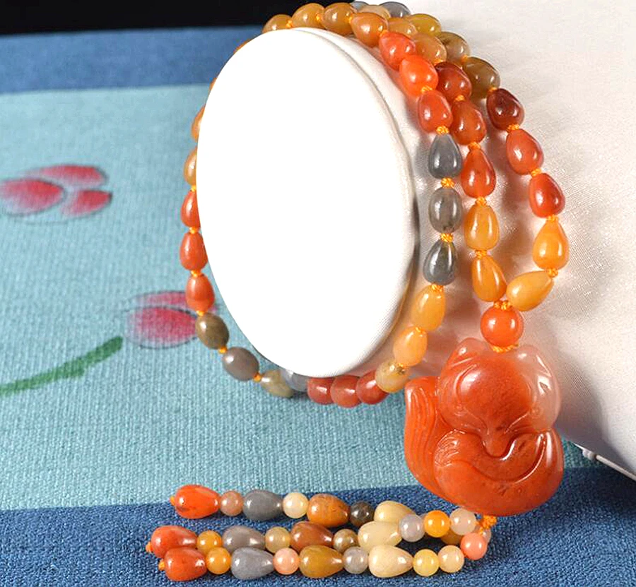 Natural Golden Silk Colour Jade Hand-Carving Fox Design Pendant Exquisite Woman Gift Jewelry Ornament+Bead Necklace+Gift Box | Дом и сад