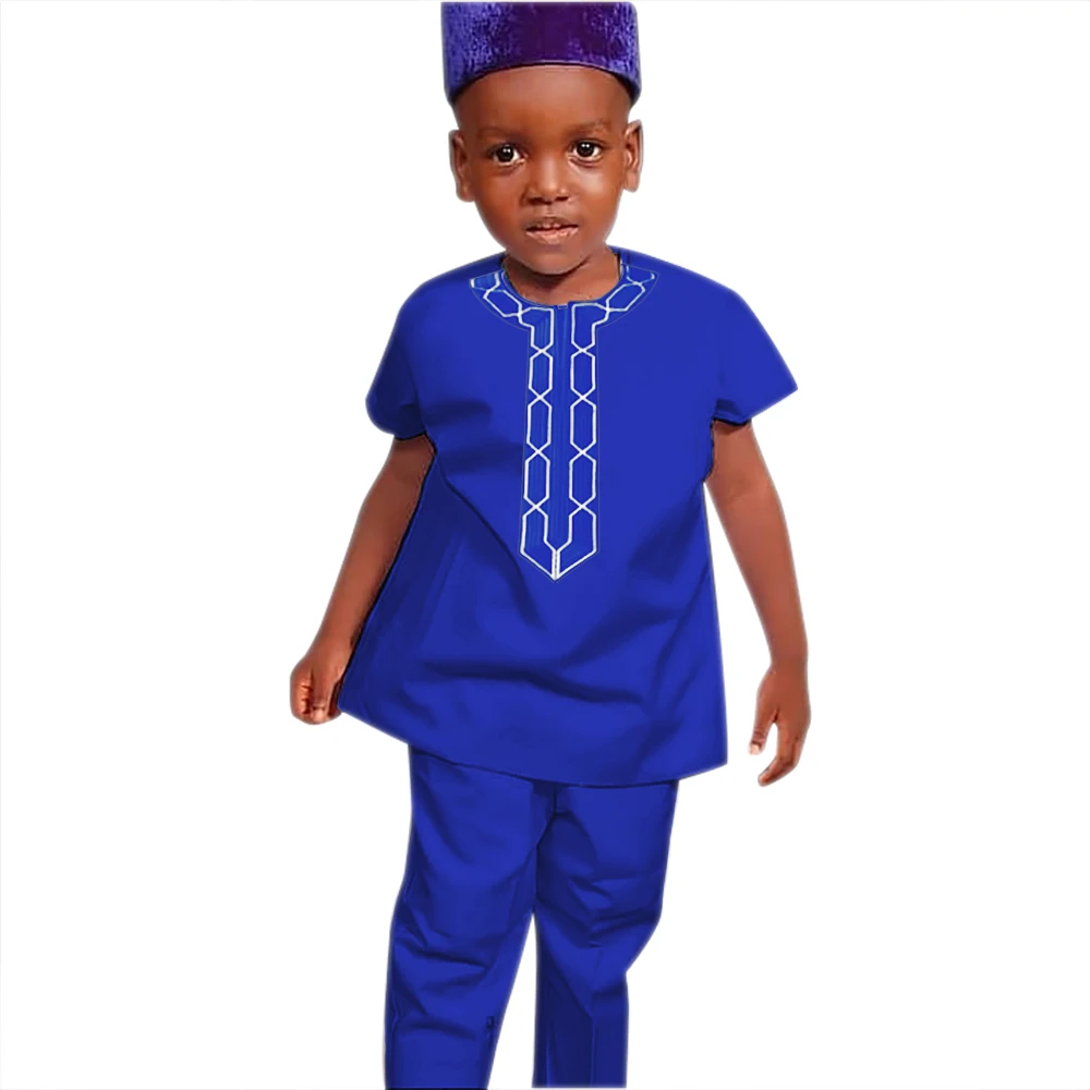 african wear for women H&D Shirt Pants 2 Pieces Set For Kids Boys 2022 African Outfit Children Dashiki Embroidery Short Sleeve Top Trouser Suit Robe african traditional attire