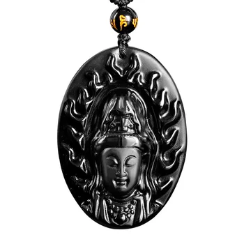 

Men Necklace Pendant Black Obsidian Carved Guanyin Head Buddha Pendant Gift for Women Fine Jade Jewelry