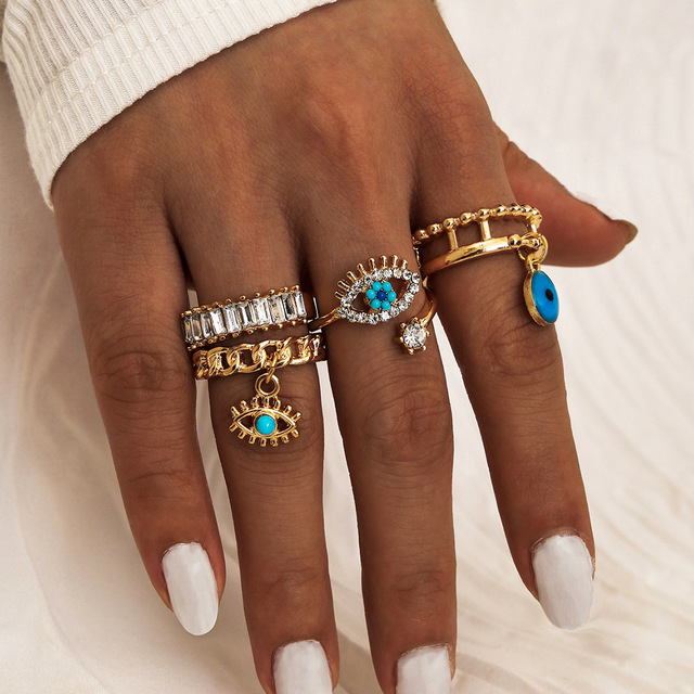 Crystal Geometry Knuckle Finger Ring Set For Women Eye Flower Leaves Charm Chain Rings Female Bohemia Jewelry