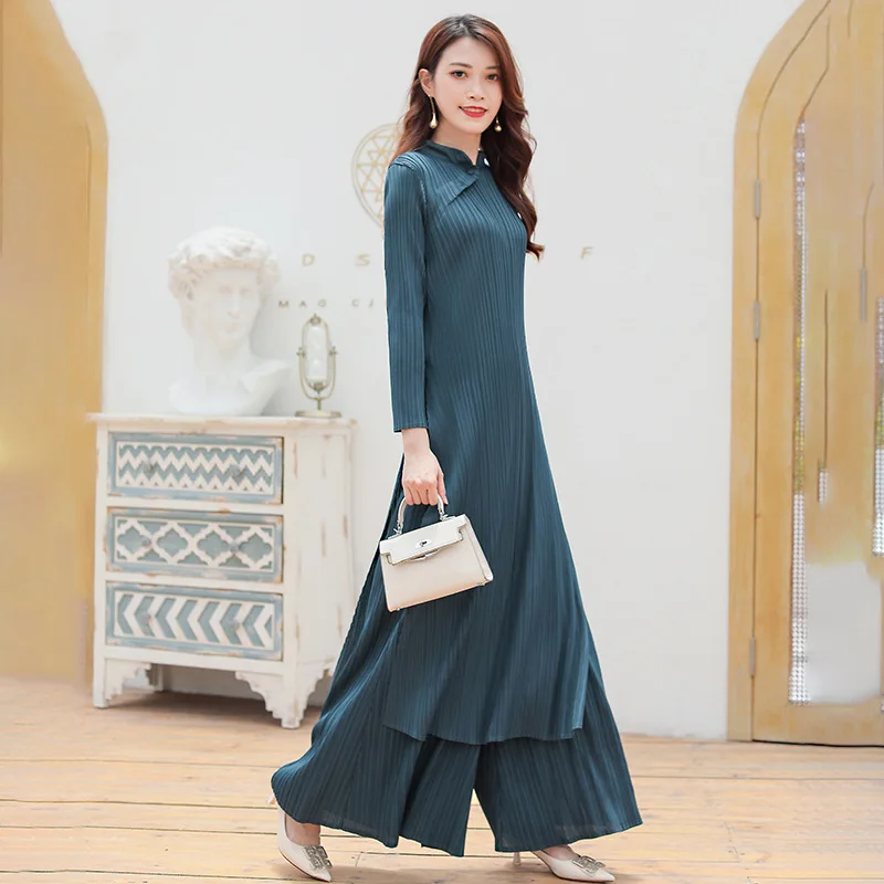 

Dress Suits For Women 45-75KG Autumn 2020 Miyake Pleated Vintage Stand Collar Long Sleeved Split Long Dress + Wide Leg Pants Set