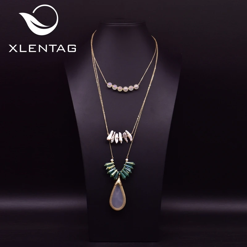 XlentAg Natural Long Baroque Pearls Necklaces &amp Pendants Multi-layered Green Crystal Glass Women Bohemian Luxury Jewelry GN0192 |