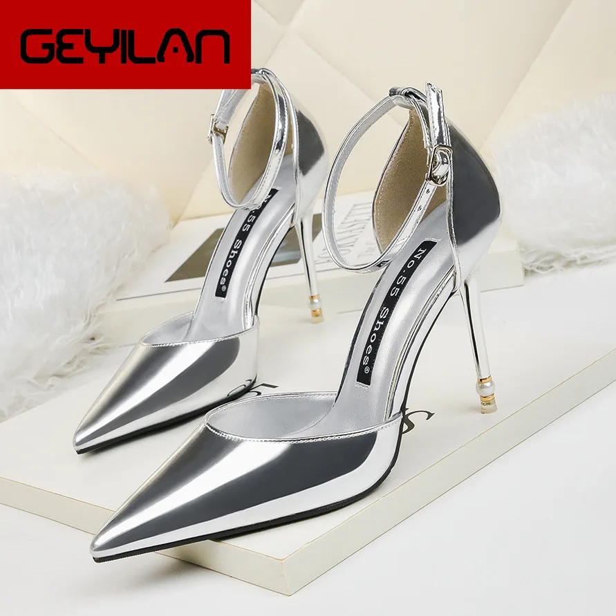 

Women's Pumps Pointed Toe Patent Leather High Heels Sexy Ankle Strap Ladies Party Wedding Shoes Silver Shoes