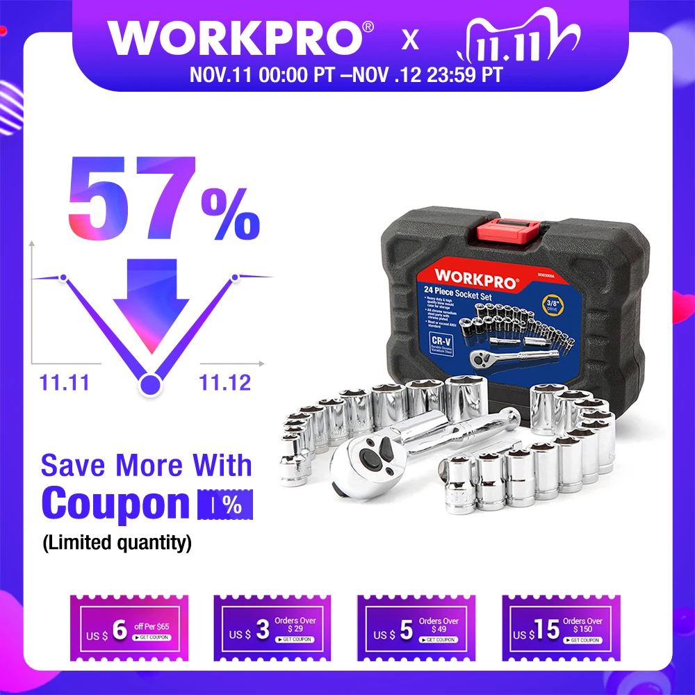 £15.68 Workpro 24pc Tool Set Torque Wrench Socket Set 38 Ratchet