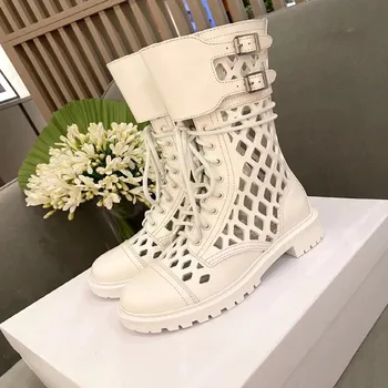 

shoes Lace Up Lady Boots Shoes Summer Booties Low Heels booties Zipper Luxury Designer Round Toe Ladies Mid Calf Rubber Flat