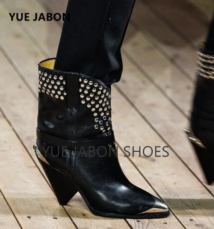 

Genuine Leather Ankle Boots Women Metal Pointed Toe Rivet Tassel Strange High Heel Boots Woman Suede Leather Martin Boots 2024