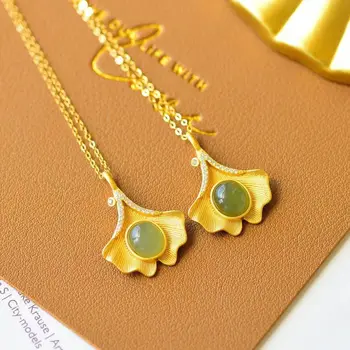 

silver inlaid natural Hetian jade lotus Pendant Necklace Chinese style retro unique gilding craft light luxury women's jewelry
