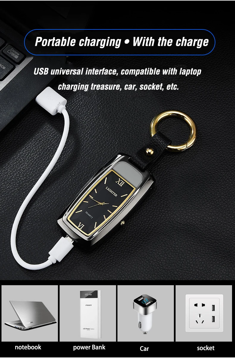 Новые часы зажигалка брелок-зажигалка для ключей светодиодный фонарик Зажигалка многофункциональная USB зарядка ветрозащитная сигарета электронные зажигалки