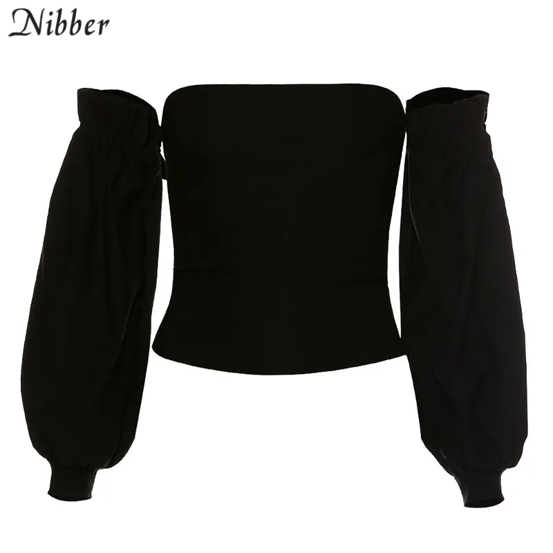 NIBBER, сексуальная женская рубашка с открытыми плечами, стрейчевая, тонкая, мягкие, вечерние, для отпуска, короткий топ, черный, весна-лето, стиль - Цвет: Черный