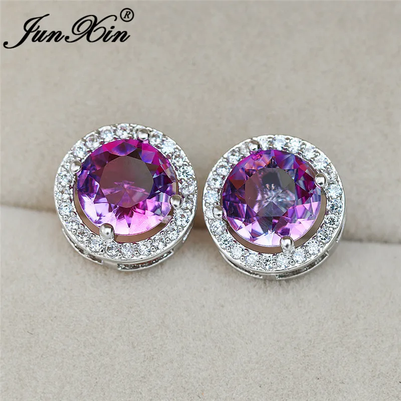 Boho Gradient Colorful Purple Pink Zircon Round Stud Earrings For Women White Gold Rainbow Fire Crystal Wedding Earrings Jewelry