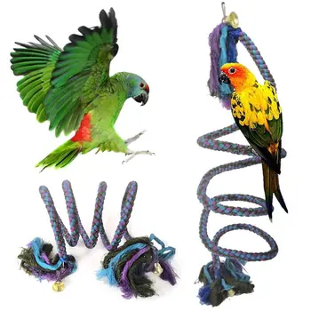 

Purple Blue Bird Swing Hanging Parrot Spiral Rope Toys with Bells Chewing String Perch Cage Decoration for Small Birds
