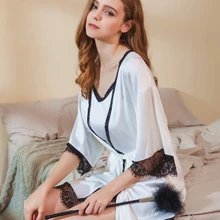 The New Deep V Strap Nightdress Robe Suit Home Service Sexy Woman Pajamas Summer Ice Silk Lace Robe Bathrobe