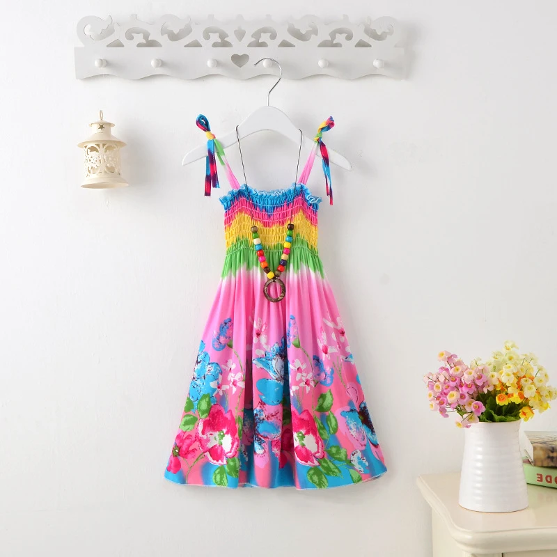 cutest baby dresses 2022 Summer Girls Floral Dress Sling Ruffles Bohemian Beach Princess Dresses for Girl Clothing 2 6 8 12 Years With Necklace Gift boutique baby dresses