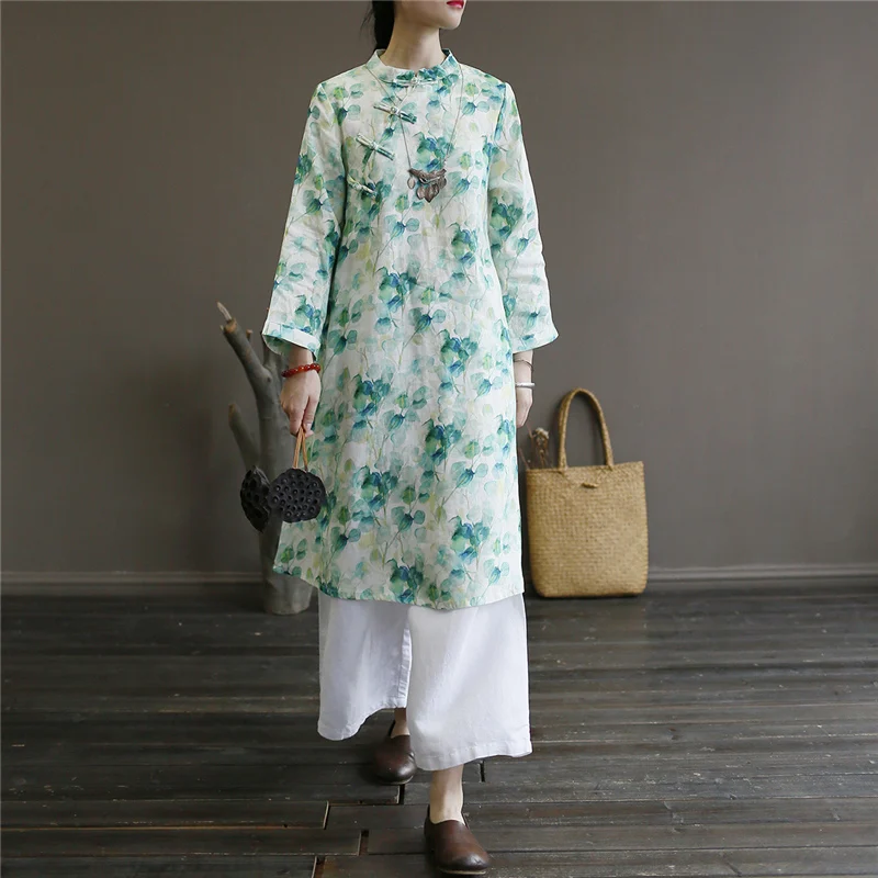 Johnature женское платье с цветочным принтом, льняное винтажное платье Cheongsam, осень, новое свободное высококачественное женское платье в китайском стиле