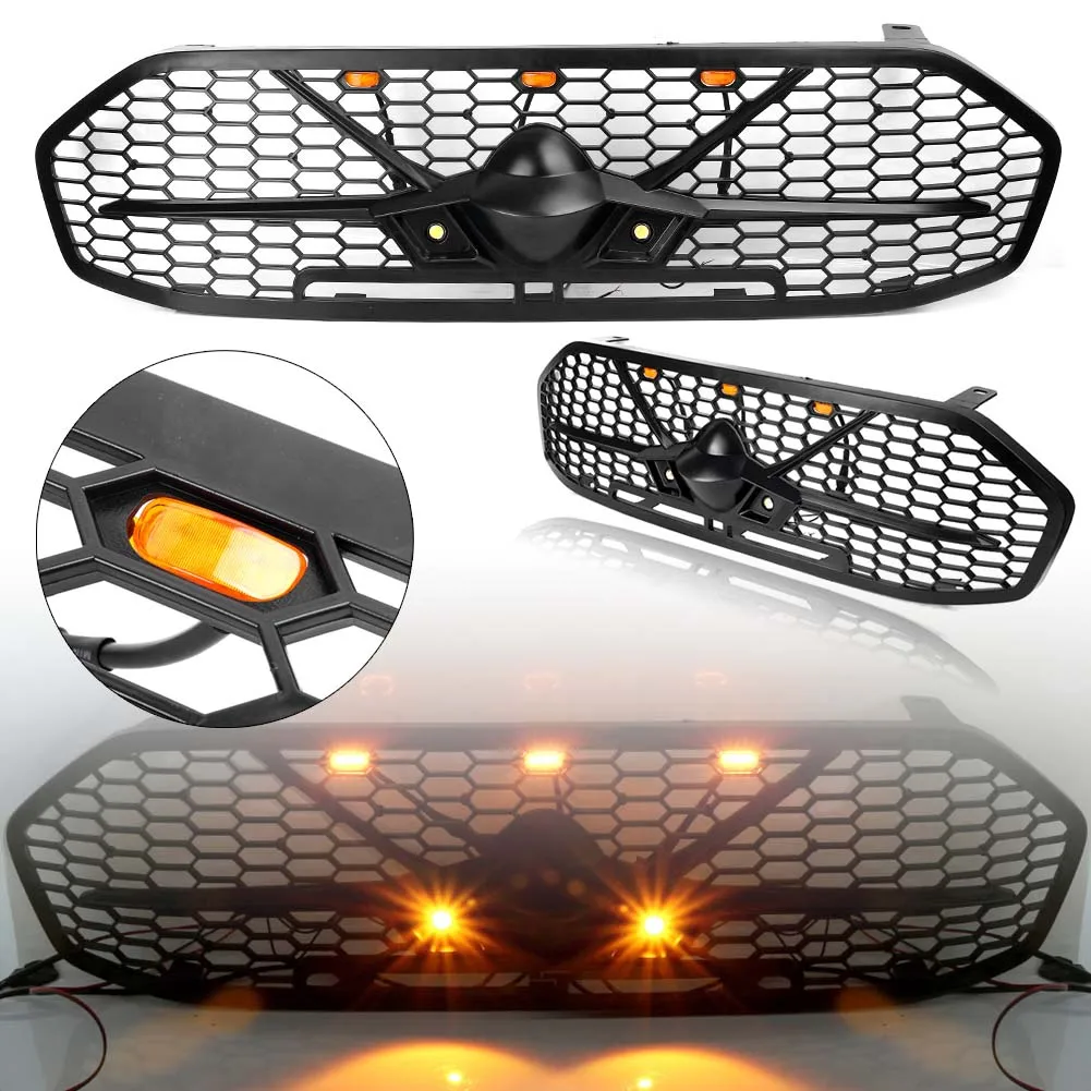 

Car Front Grille Upper Radiator Grill w/ Amber Light For Ford Everest 2015 2016 2017 Black ABS Plastic Auto Car Accessories