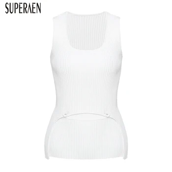 

SuperAen Knit Two Pieces Tank Tops Women Irregular Summer New 2020 Knit Tank Tops Female Wild Solid Color Fashion Women Clothing