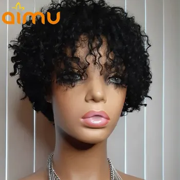 

Kinky Curly Pixie Cut Wig Full Machine Made Wig with Bangs Short Bob Human Hair Wigs for Black Women 150% Density Remy Brazilian