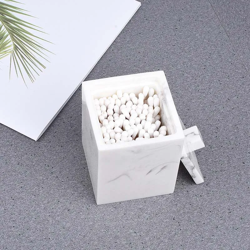 JINSERTA Marbled Resin Storage Box Cotton Swab Organizer Home Toothpick Holder Hotel Luxury Bathroom Cotton Pad Box with Lid