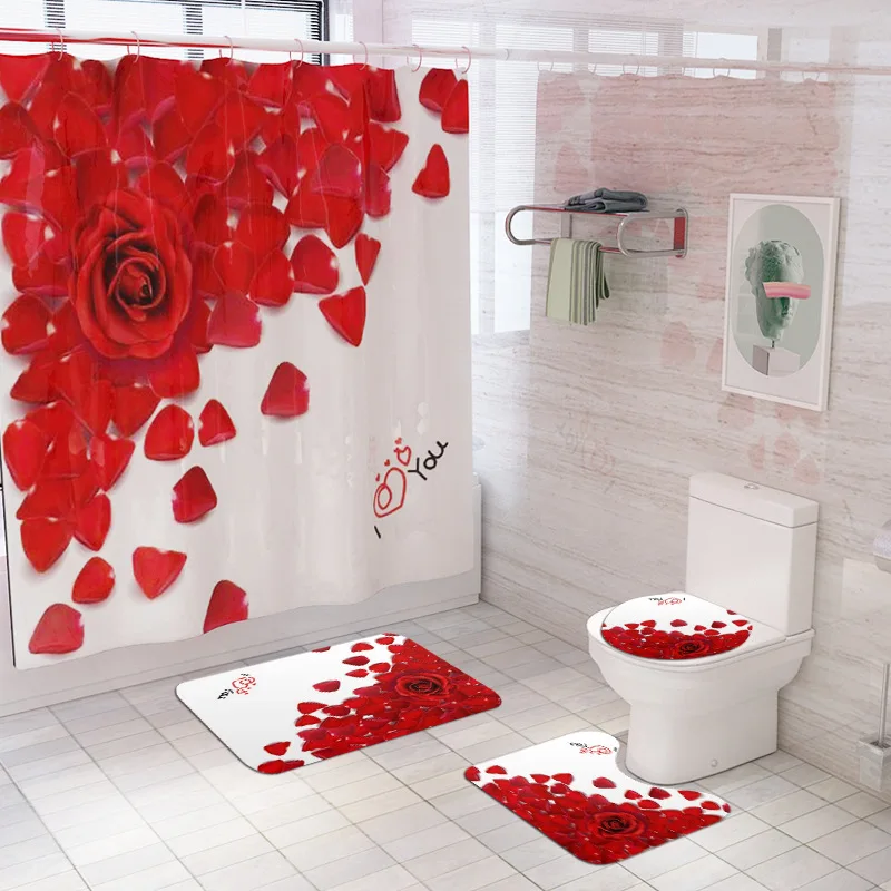 

Red Rose&Butterfly Bathroom Non-slip Mat Set Durable Waterproof Shower Curtain Set Pedestal Rug Lid Toilet Cover Bath Mat Rugs