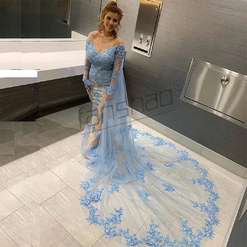 Женское вечернее платье с юбкой годе Fanshao синее круглым вырезом открытой спиной и