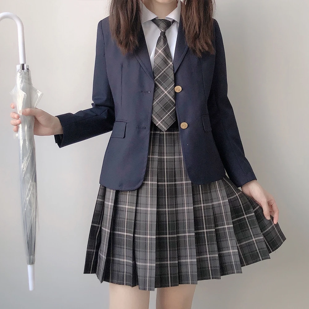 Japan Preppy Style Women Dress Set JK Cute Kawaii High School Class Girl Student Uniform Blazers Clothes Navy Blue Coat Autumn