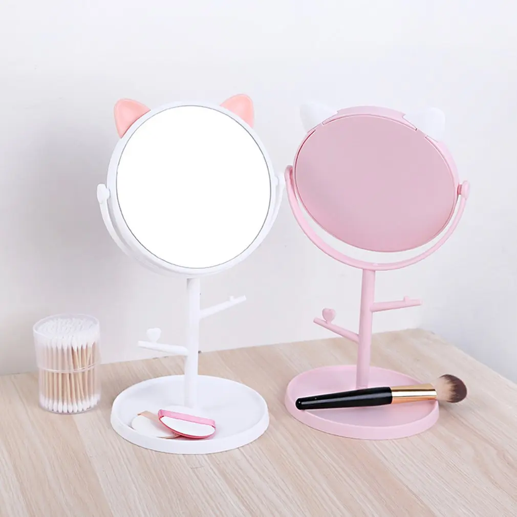 Adjustable Desktop Multi-function Vanity Mirror Table Makeup Mirror Cat Ear Jewelry Box Cosmetic Mirror