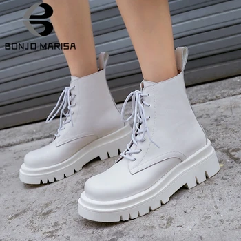 

BONJOMARISA New Fashion Girls Genuine Leather Boots Platform Chunky Heels Lace Up Boots Women 2020 Autumn Motorcycle Shoes Woman